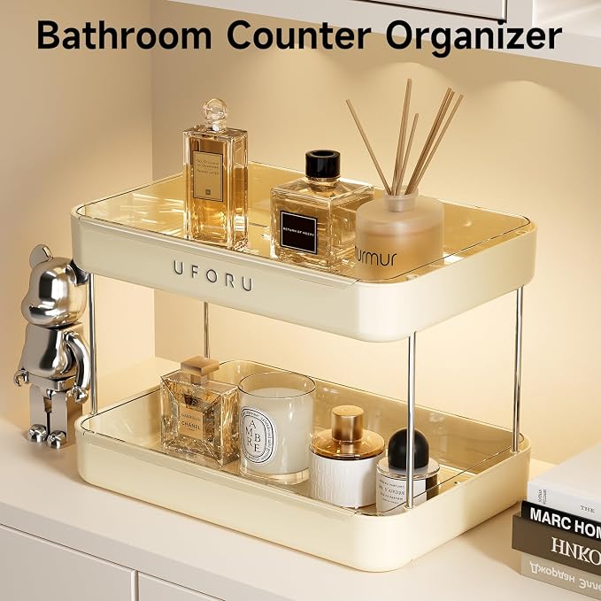 UFORU Countertop Coffee Station Organizer,Cup Rack,Mug & Wine Glass Holder | 2-Tier Cream White Mug Shelf with Removable Drain Tray,Bathroom Countertop Organizer,Spice Rack for Kitchen