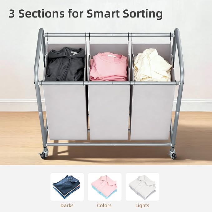 STORAGE MANIAC 3 Section Laundry Sorter, 35.6 Gal (135 L) Laundry Hamper Cart with Heavy Duty Rolling Lockable Wheels and Removable Bags, Clothes Organizer Basket Separator Hamper, Gray