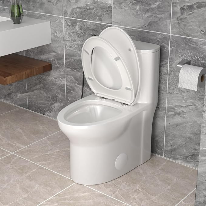 One Piece Toilet 12'' Rough Inch - White Ceramic Compact Toilets with 15.9" Soft Close Chair Seat 1.1/1.6 GPF Water Saving Dual Flush High Efficiency Easy to Clean 14.3''x26.3''x28.6''