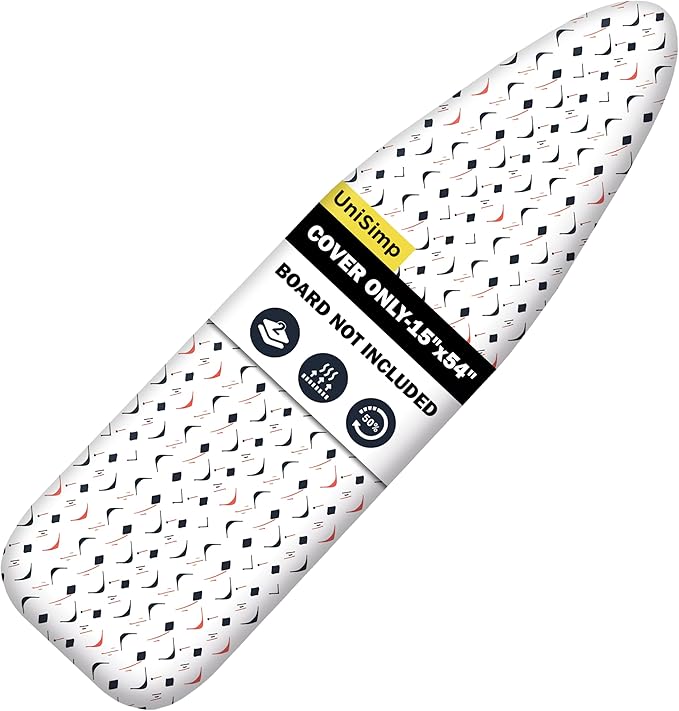 UniSimp Ironing Board Cover and Pad 15"x54" Extra Thick Natural Cotton, Scorch and Stain Resistant Padding, Standard Size Iron Board Cover with Fasteners Heavy Duty Elastic Edge, Heatproof Boomerang