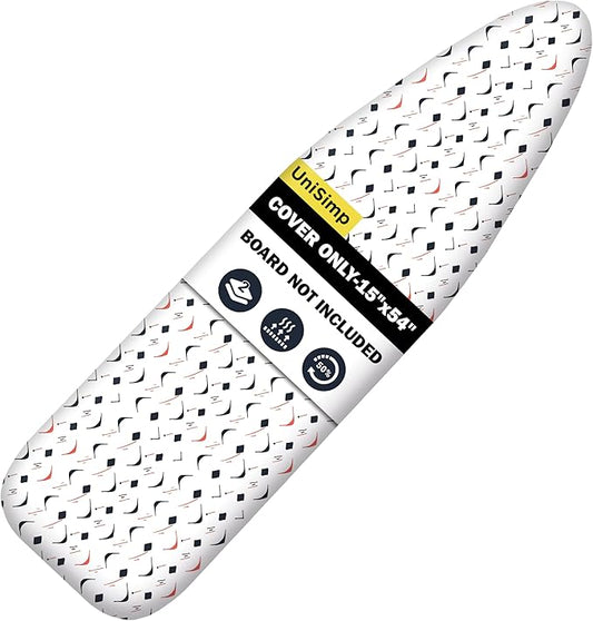 UniSimp Ironing Board Cover and Pad 15"x54" Extra Thick Natural Cotton, Scorch and Stain Resistant Padding, Standard Size Iron Board Cover with Fasteners Heavy Duty Elastic Edge, Heatproof Boomerang