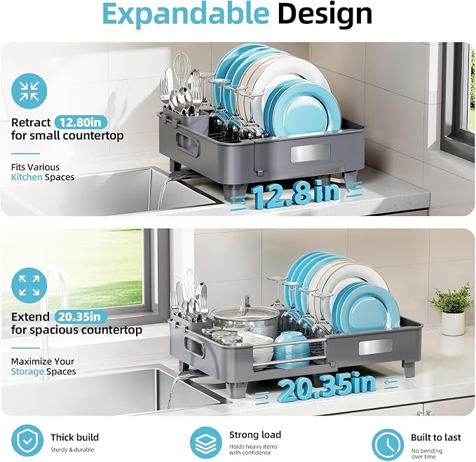 TOOLF Expandable Dish Drying Rack for Kitchen Counter, Gray | Extendable 12.8in to 20.35in,Stainless Steel & PP,One-Minute Quick Assembly,Cutlery Holder,Portable Carry Handle,Space-Saving