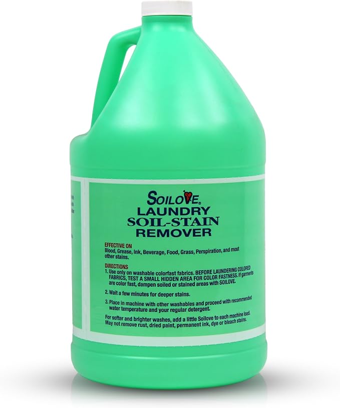 Soilove Stain Remover for Clothes, 128 oz Triple-Acting Laundry Prewash, Clings, Penetrates & Lifts Tough Stains Including Blood, Grease, Grass, Food, Coffee & Wine
