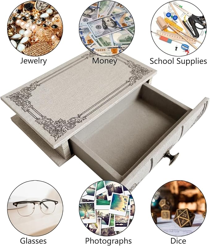 Vintage Book Storage Box with Drawer, Natural Linen-Textured Cover with Classic Frame Pattern, Hidden Organizer for Jewelry, Keepsakes or Desktop Use 9.5″ x 6.7″ x 2″