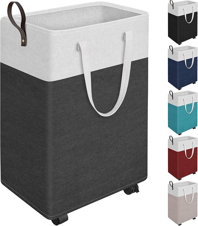 HomeHacks 90L Rolling Laundry Basket with 4 Wheels Collapsible Gray | 4 Wheels, Waterproof PEVA Lining, Cotton Flax Fabric, Metal Frame, Bathroom Laundry Room Dorm Storage, Space-Saving Design