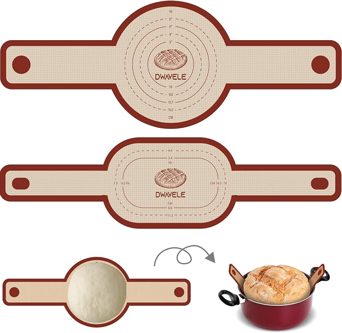 Silicone Bread Sling for Dutch Oven, Non-Stick & Easy to Clean Bread Baking Mat Set, 2 Pcs Reusable Bread Sling with Long Handle to Transfer Sourdough (Red, Oval and Round)