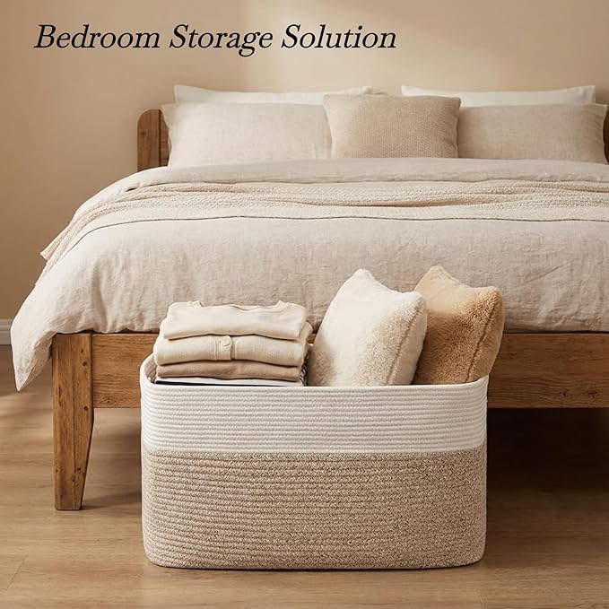Optish 95L Large Blanket Basket, Woven Storage Baskets with Reinforced Handles, Rope Laundry Basket for Living Room, Bedroom, Nursery, Toys, Clothes,Pillows, 24” x 17” x 13.5”, White & Brown
