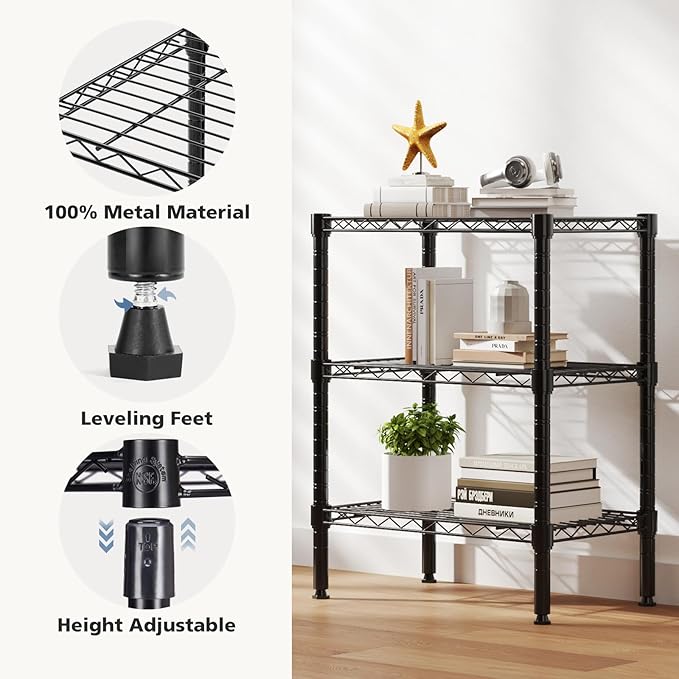 DUMOS 3-Tier Metal Storage Shelves, 23" W Wire Adjustable Standing Storage Rack Shelf, Heavy Duty Steel Shelving Unit Organizers for Kitchen Bathroom Pantry Garage, 23.1" Wx13.4 Dx30 H