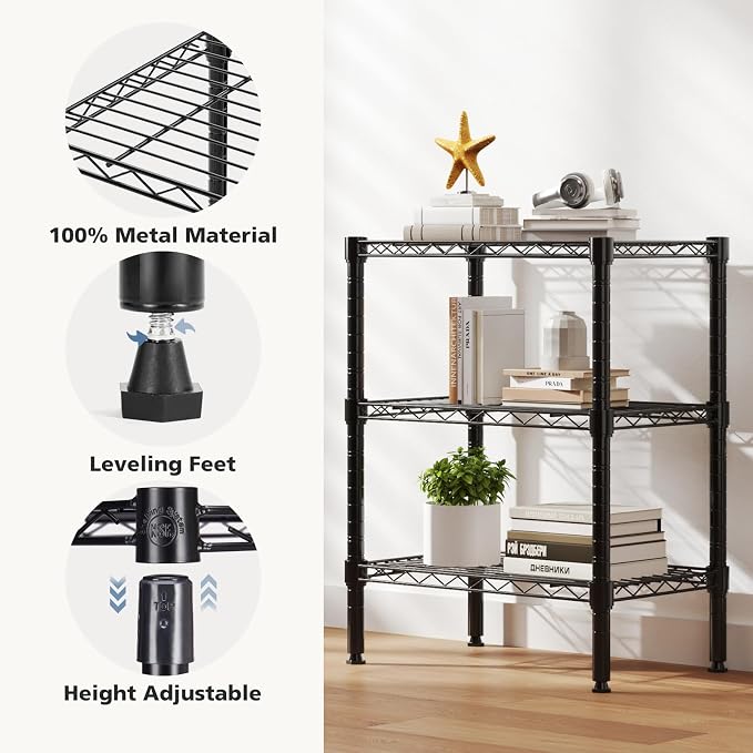 NEWBULIG 3-Tier Metal Wire Storage Shelves, Adjustable Heavy Duty Steel Shelving Unit, Freestanding Storage Rack Organizer for Kitchen, Pantry, Garage, Bathroom, 23.2" W x 13.4" D x 30.3" H, Black