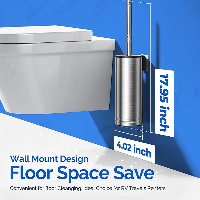 HAMITOR Toilet Brush and Holder Set: 304 Stainless Steel Heavy Duty Deep Cleaning Bowl Cleaner Brush with Curved Bristle - Space Saving Wall-Mounted for Home Apartment Bathroom Accessories Silver