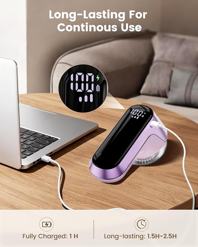coldSky Fabric Shaver, Rechargeable Lint Shaver with Digital Display, Portable Sweater Defuzzer with 3 Speeds, 6 Leaf Blades and Safety Lock, Electric lint Remover for Clothes, Sweater (Purple)