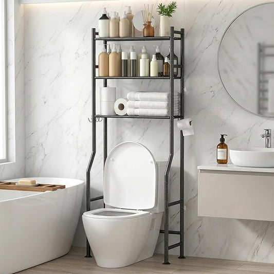 GloTika 3-Tier Over Toilet Storage with Anti-Tilt Safety System - 150lb Total Capacity Metal Bathroom Shelves Including Paper Holder & 4 Hooks, Space Saving Above Commode Organizer (64" H, Snow Black)