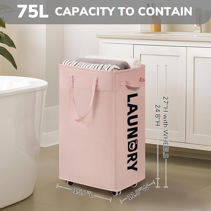 CHICVITA 75L Rolling Laundry Basket with Wheels Removable wash bag, Pink | Laundry hamper for dirty clothes dorm essentials. Pink room Decor for girls kids fit living room nursery room college dorm