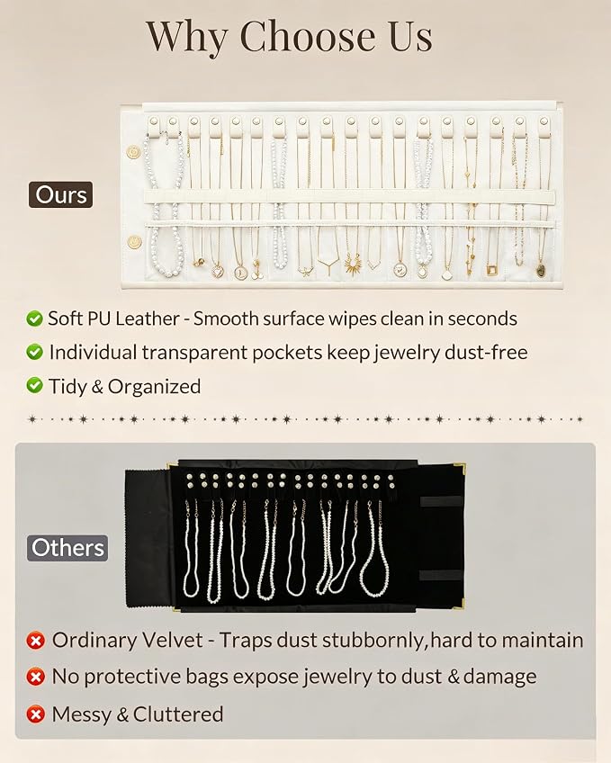 Lolalet Travel Necklace Organizer, Foldable Jewelry Case, Beige, 18 Slots | Tangle-Free, Roll Up, PU Outer, Velvet Lining, Space-Saving, for Chains Bracelets, Gift for Women Girls Daughters Friends
