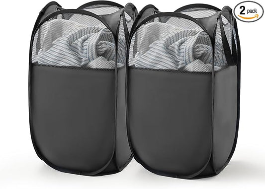 TECHMILLY Pop Up Foldable Laundry Basket, Mesh Laundry Hamper with Reinforced Handles for Dirty Clothes Storage in Dorm, Laundry Room, Bathroom, Black(Fabric), 2 Pack