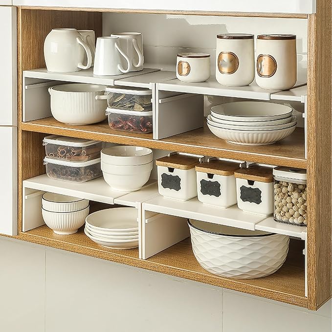 Cabinet Shelf Expandable Organizer Riser Storage Space Saver Stackable for Kitchen Pantry Cupboard Under Sink Countertop White Simple Houseware Counter (White)