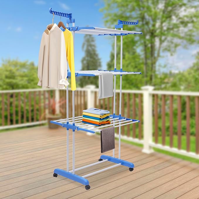 Clothes Drying Rack, 4-Tier Clothes Horses Rack Foldable Metal Laundry Garment Dryer Stand with Two Side Wings for Bedrooms, Lofts, Balconies, Patios (Blue)