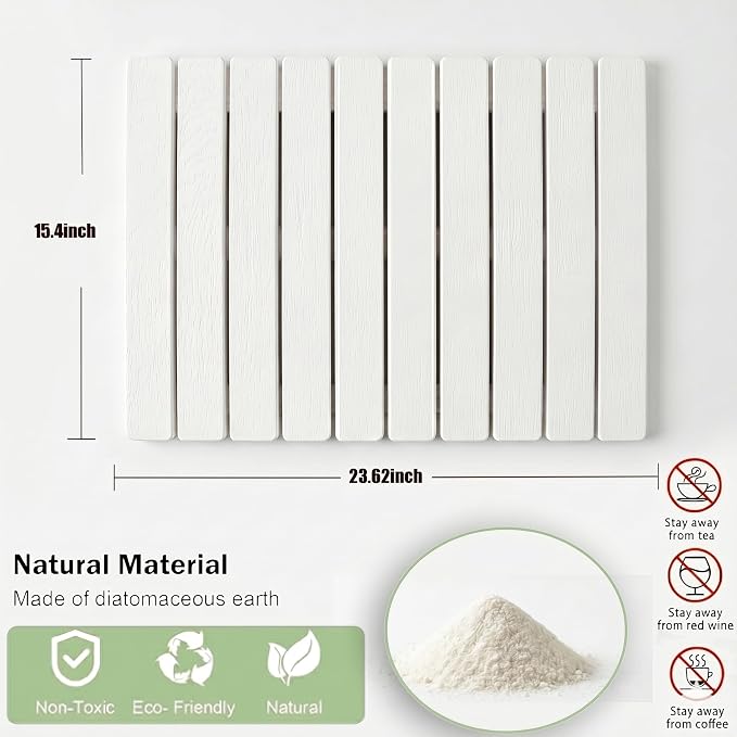 Large Stone Drying Mat for Kitchen Counter, Quick Dry stone drying mat, Foldable Water Absorbing diatomaceous earth dish drying mat for Plate Rack Bottles Utensils(White 24"×16" & 4" Coaster)