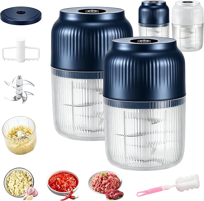 Household Electric Garlic Crusher, Upgraded Mini Electric Food Chopper, 350ml 6 Blades USB Rechargeable Garlic Mincer with Lid & Egg Beater for Onion Ginger Chili (Blue+Blue)