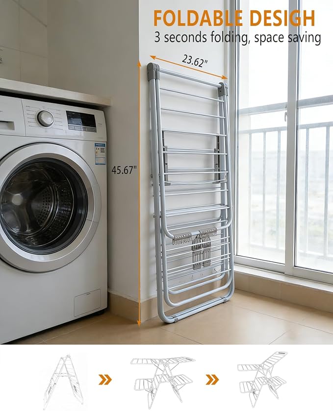 Clothes Drying Rack, Foldable 2-Level Laundry Racks for Drying Clothes Rack,Stainless Steel Drying Rack Clothing Collapsible for Indoor Outdoor,with Height-Adjustable Wings,Gray