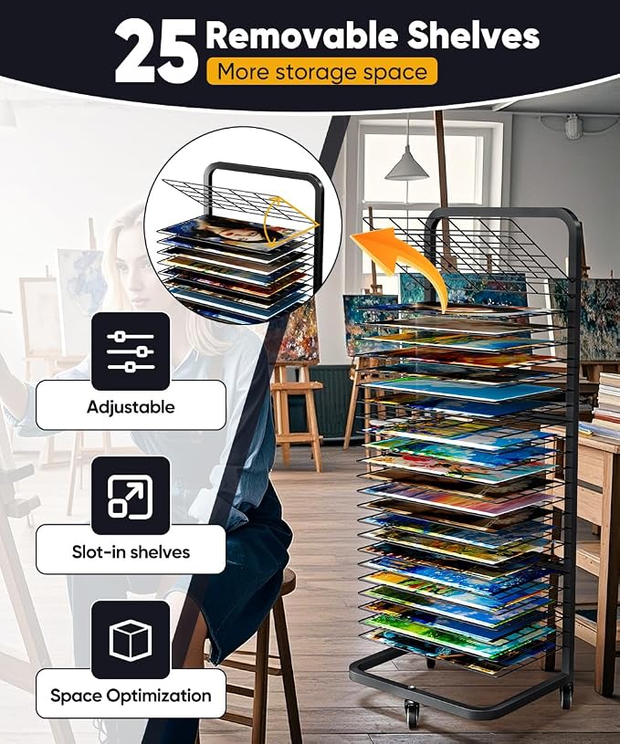 mocomax Art Drying Rack for Painting, Metal Paint Drying Stand, Movable Paint Drying Rack with Lockable Wheels, Art Canvas Storage Rack for Classrooms & Art Studios, 25 Removable Shelves, Black