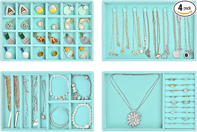 ProCase Stackable Jewelry Organizer Trays for Drawers, Jewelry Drawer Inserts Container Display Case Storage for Earring Necklace Rings Bracelet with Removable Dividers -Blue, 4 Layers