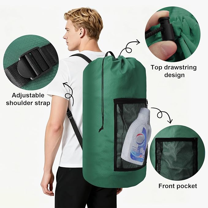 Laundry Bag Backpack Durable Laundry Bag with Shoulder Straps and Mesh Pockets Portable Laundry Hamper Dirty Clothes Bag for College, Travel, Laundromat, Apartment (Green)