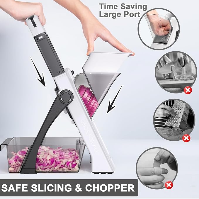 QYKIC Upgrade Safe Mandoline Slicer Plus,Adjustable Vegetable Chopper Potato French Fry Cutter, Kitchen Chopping Artifact for Meal Prep (BlackWhite)