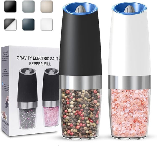 UNNEES Gravity Electric Salt and Pepper Grinder set of 2, Automatic Salt And Pepper Grinder Set, Adjustable Roughness, Battery Powered, LED Light, 2 Pack, (Black&White)