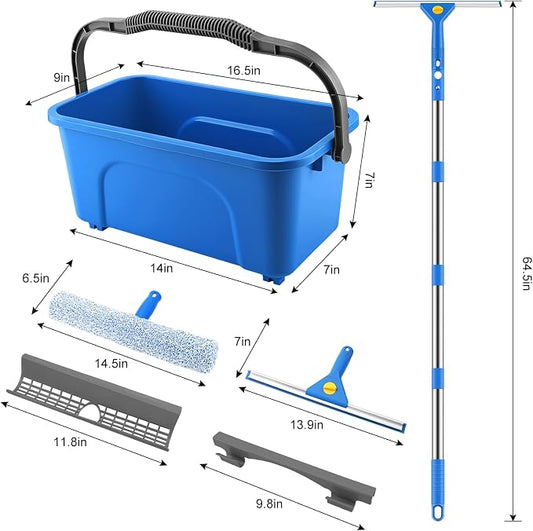 SetSail Window Cleaning Kit with Bucket 3 Gallon, 14-in Window Squeegee and 15-in Microfiber Scrubber, 64" Window Washing Kit, Professional Window Cleaner Tool for Indoor Outdoor Commercial Car, Blue
