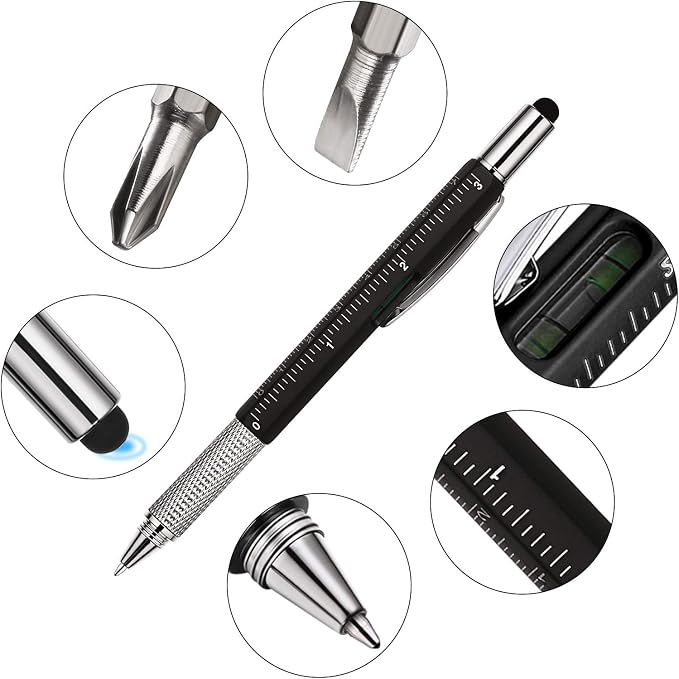 Zhanmai 8 Pcs 6 in 1 Multitool Pen Bulk Gift for Men Multi Tool Ballpoint Pen with Ruler Level Screwdriver Stylus Cool 20 Ink Refill Tool Gadget Birthday Christmas Stocking Stuffers for Adult (Black)