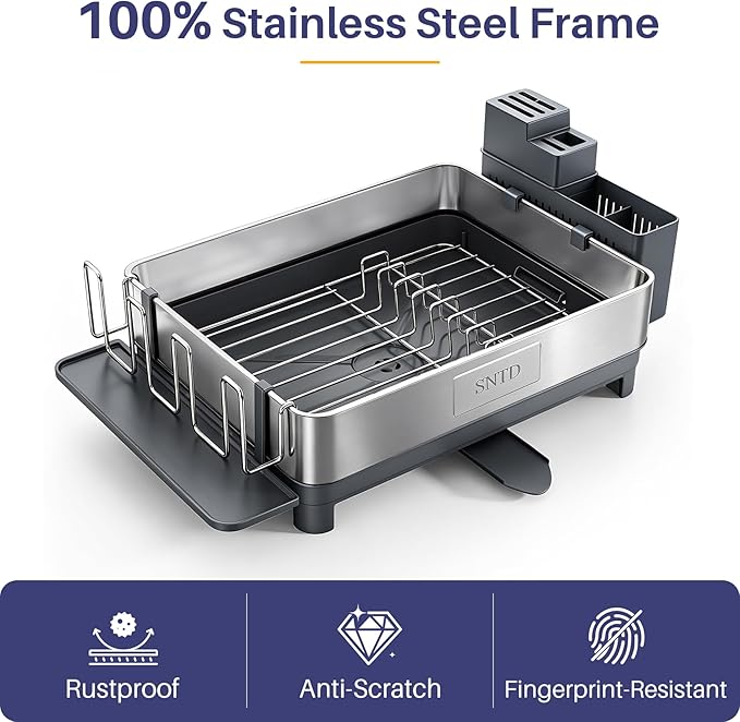 SNTD 304 Stainless Steel Dish Drying Rack for Small Kitchen Counter, Grey | Rustproof, Large Capacity, Heavy-Duty Frame, Rotating Spout, Angled Drainboard, Removable Cup & Utensil Holder
