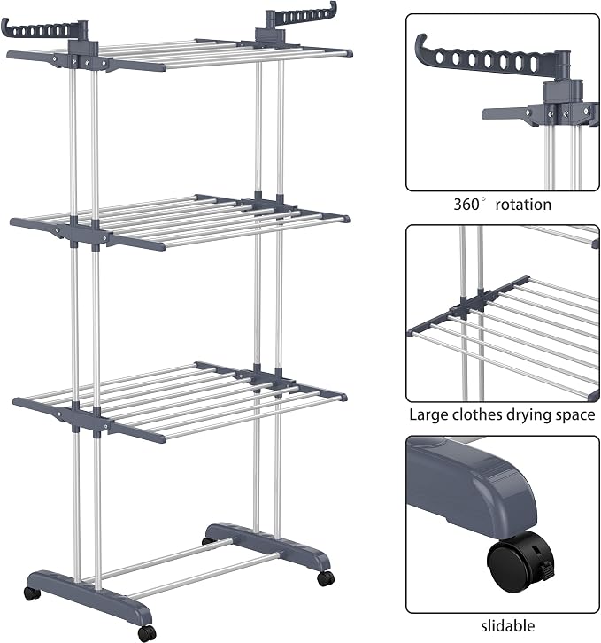 HOMIDEC Clothes Drying Rack, 4-Tier(67.7" H) Foldable Drying Rack Clothing | Foldable Stainless Steel Drying Rack, Movable Laundry Drying Rack with 4 Castors and 14 Hooks for Bed Linen, Clothing, Grey