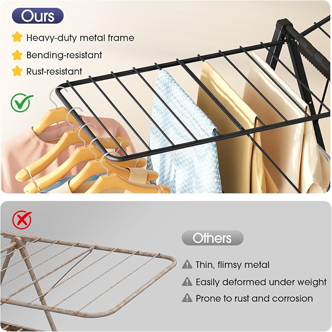 APEXCHASER Clothes Drying Rack, 67.7" L Height Adjustable, Foldable, Black | 1.5"Folded, No Assembly, Space-Saving, Spacious Design, Adjustable Wings, Clips, Mesh Shelf, Shoe Rack, Indoor & Outdoor Use