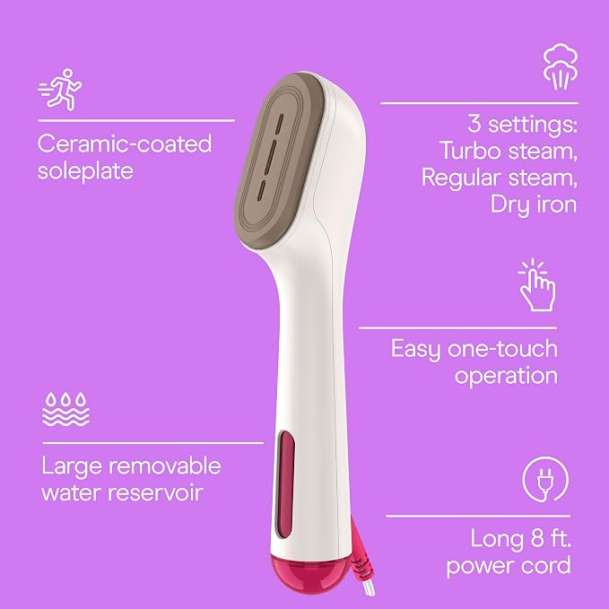 Conair Clothes Steamer, 2-in-1 Travel Steamer/Iron, Anti-Drip, Butter/Berry | Portable handheld garment steamer for clothes w/ iron, quickly removes wrinkles, dual voltage 120-240V & heats in 75 seconds