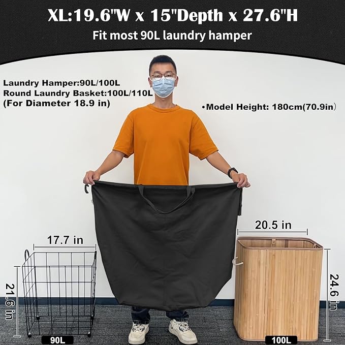 Canvas Laundry Bags with Handles & Rectangular Base, 20"Wx15"Dx27.6"H Black | Extra Large Heavy Duty Laundry Basket Hamper Liner Replacement, Washable Drawstring Dirty Clothes Bag, canvas Storage Sack