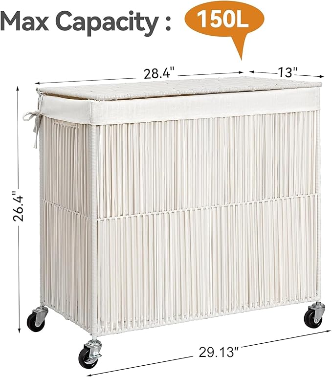 WOWLIVE Laundry Basket 3 Section, Handwoven Laundry Hamper with Wheels | Rolling Clothes Hamper with Lid and Divided Removable Bag, 160L Large Laundry Sorter, Laundry Room Organization, Creamy White
