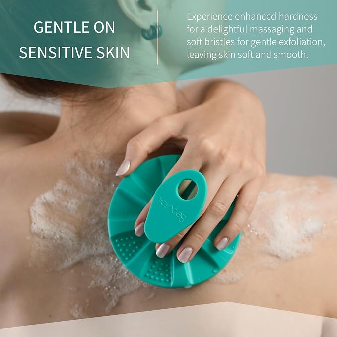 Silicone Body Scrubber, BEAUTAIL Gentle Exfoliating Brush for All Skin Type | Lather Well Shower Scrubber for Body, Bath Essentials for Women, Men & Kids, Hygienic Silicone Loofah. 2-Pack, Green+Black