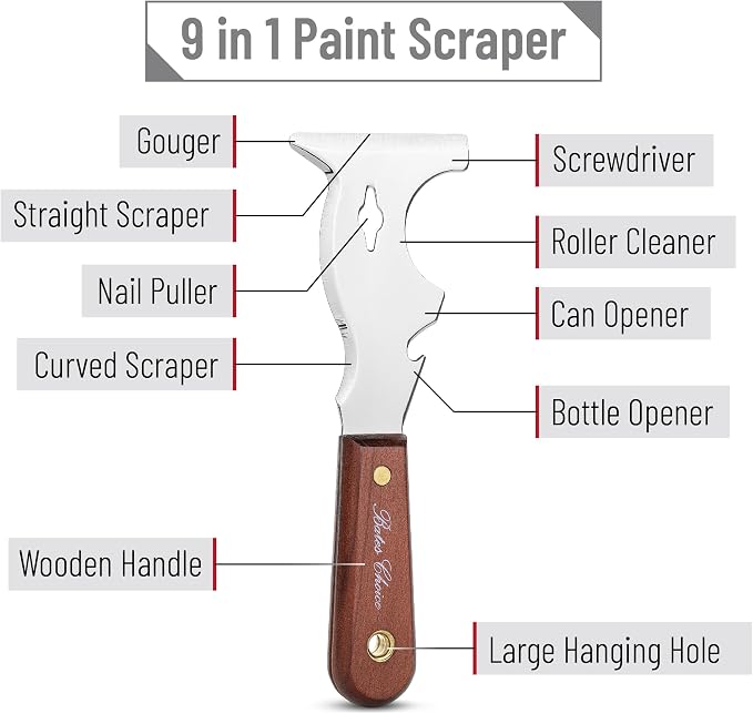 Bates- Paint Scraper, 9 in 1 Painters Tool, Mahogany Wooden Handle, Paint Scrapers for Wood, Painters Tool, Painters Knife, Paint Scraper for Painting, Putty Knife, Metal Scraper, Spackle Knife