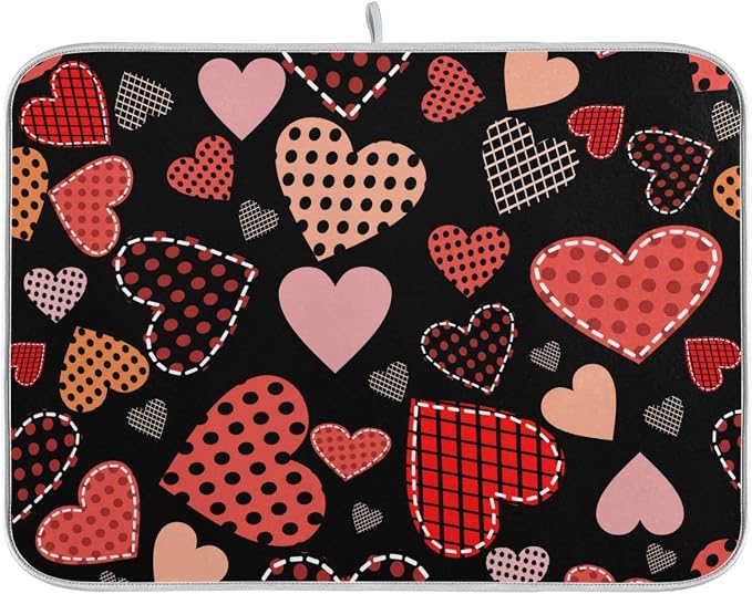 Happy Valentine's Day Love Heart Black Dish Drying Mat for Kitchen Valentines Day Microfiber Drying Mats Absorbent Reversible Dish Pad Large Dish Draining Mat 18x24 inch