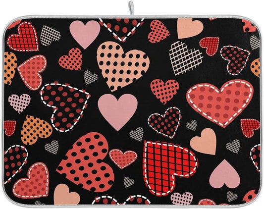 Happy Valentine's Day Love Heart Black Dish Drying Mat for Kitchen Valentines Day Microfiber Drying Mats Absorbent Reversible Dish Pad Large Dish Draining Mat 18x24 inch