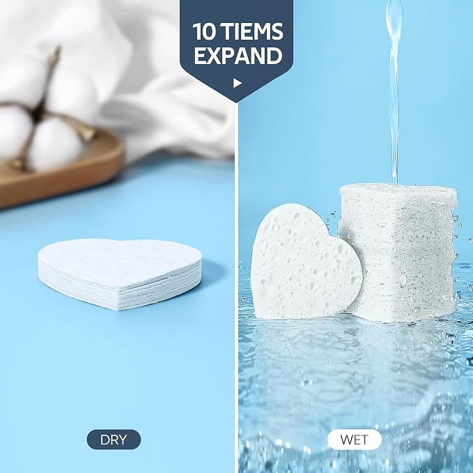 GAINWELL 50-Count Heart Shape Compressed Facial Sponges for Daily Facial Cleansing and Exfoliating, 100％ Natural Cosmetic Spa Sponges for Makeup Remover, White
