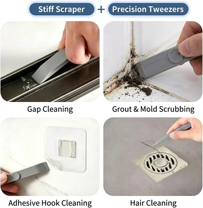 Window Track Cleaning Brush Set 3-in-1Window Sill Cleaner with Scraper Tweezers, Hard Bristle Crevice Tool for Window Groove, Sliding Door Track, Shower Rail - Gray 2 Pack