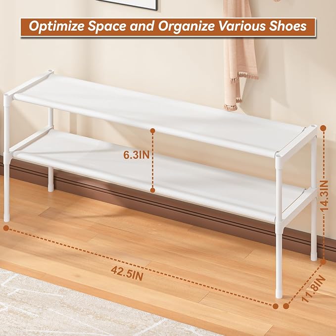 LUKYTOWER Extra Long Shoe Rack 2 Tier Wide Shoe Storage Organizer | Sturdy Durable Shoes Rack for Closet, Entryway, Dorm, Save Space Stackable Shoe Shelf Stand Holder