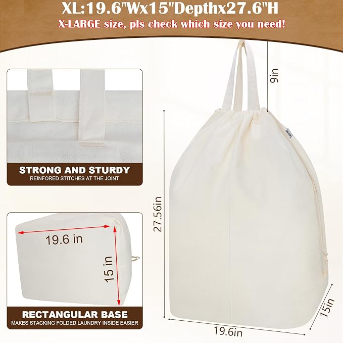 Canvas Laundry Bags with Handles & Rectangular Base 20"Wx15"Dx27.6"H 2 Pack | Extra Large Heavy Duty Laundry Basket Hamper Liner Replacement, Washable Canvas Drawstring Dirty Clothes Bag, Beige