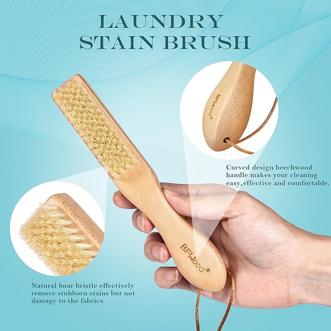 Laundry Stain Brush, Large Natural Soft Boar Bristles, Removes Tough Stains from Delicate Fabrics Like Knits, Cotton, and Linens, Gentle on Fabrics, No Damage