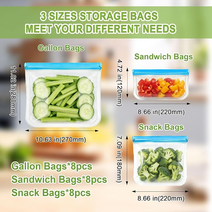 24 Pack Silicone Bags for Food Storage,Reusable Silicone Food Storage Bags,Freezer, Microwave & Dishwasher Safe,Reusable Freezer Food Bags, Leakproof-8 Gallon 8 Snack 8 Sandwich Bags,Blue