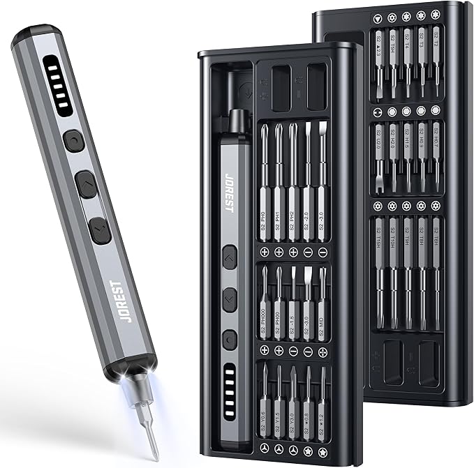 JOREST Mini Electric Screwdriver, Small Cordless Precision Screwdriver set with 38 Magnetic Bits, 5 Torque Settings, Repair Tool for iPhones, Laptop, Drone, Game Console, Camera; Gift for Father