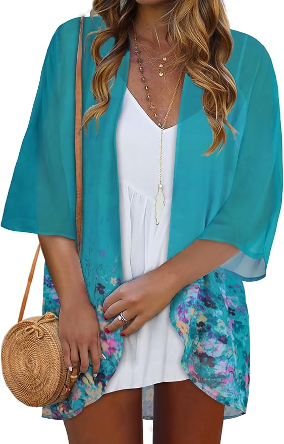 Women Kimono Cardigans Summer Cover Up Hawaiian Shirts Floral Print Tops | ROSEMIA chiffon kimono open front cardigans, beach cover ups, daily casual tops, cruise outfits, summer resort wear