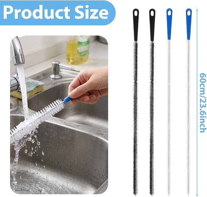 4Pcs Drain Hair Remover Tool, Flexible Long Pipe Cleaner Drain Brush, Long Drains Cleaning Brush for Hair Clogs, Kitchen Sink, Bathroom Tub, Shower